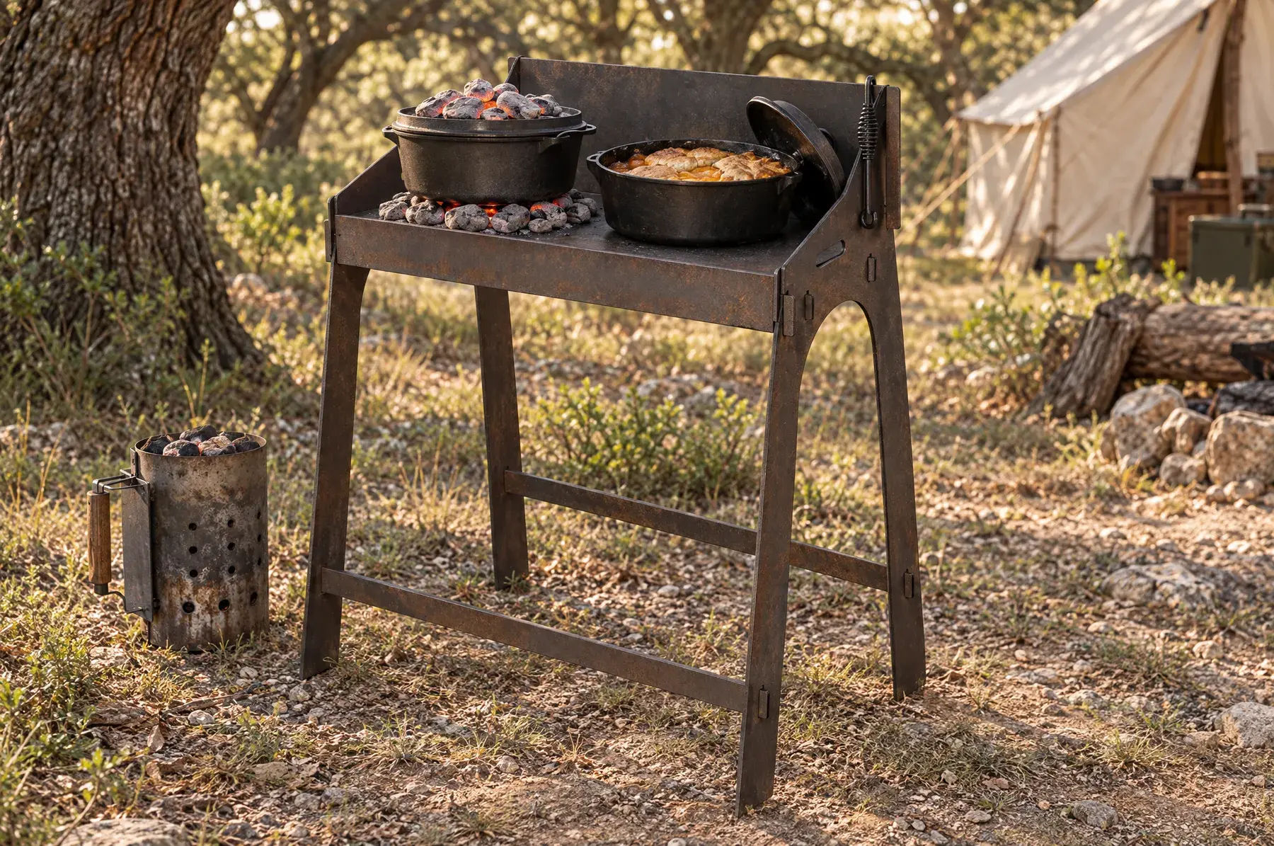 Concept image of the Camp Dutch Oven Table, 24 in assembled and finished, generated from the CAD design