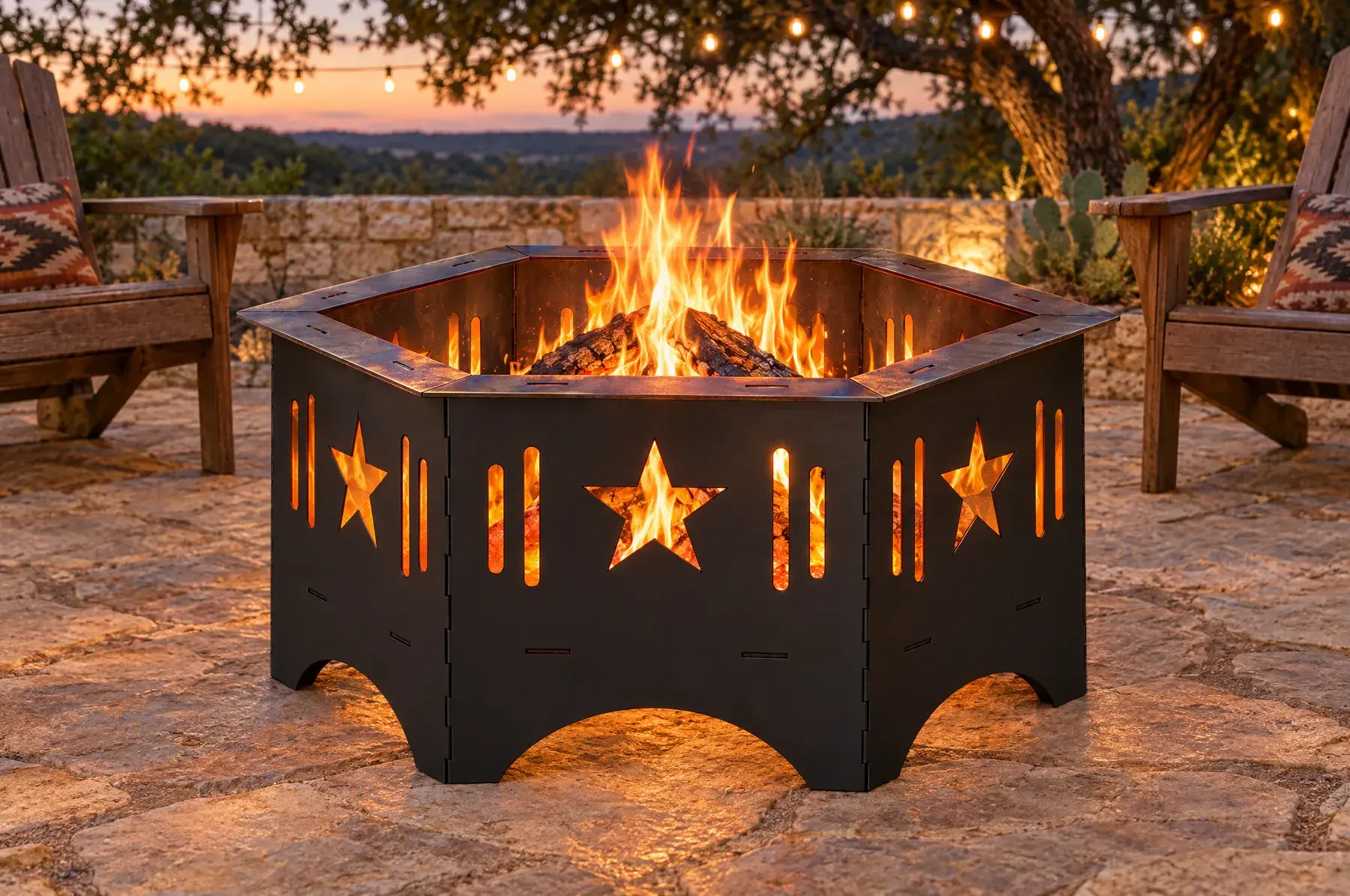 Concept image of the Lone Star Hex Fire Pit, 36 in welded and finished, generated from the CAD design