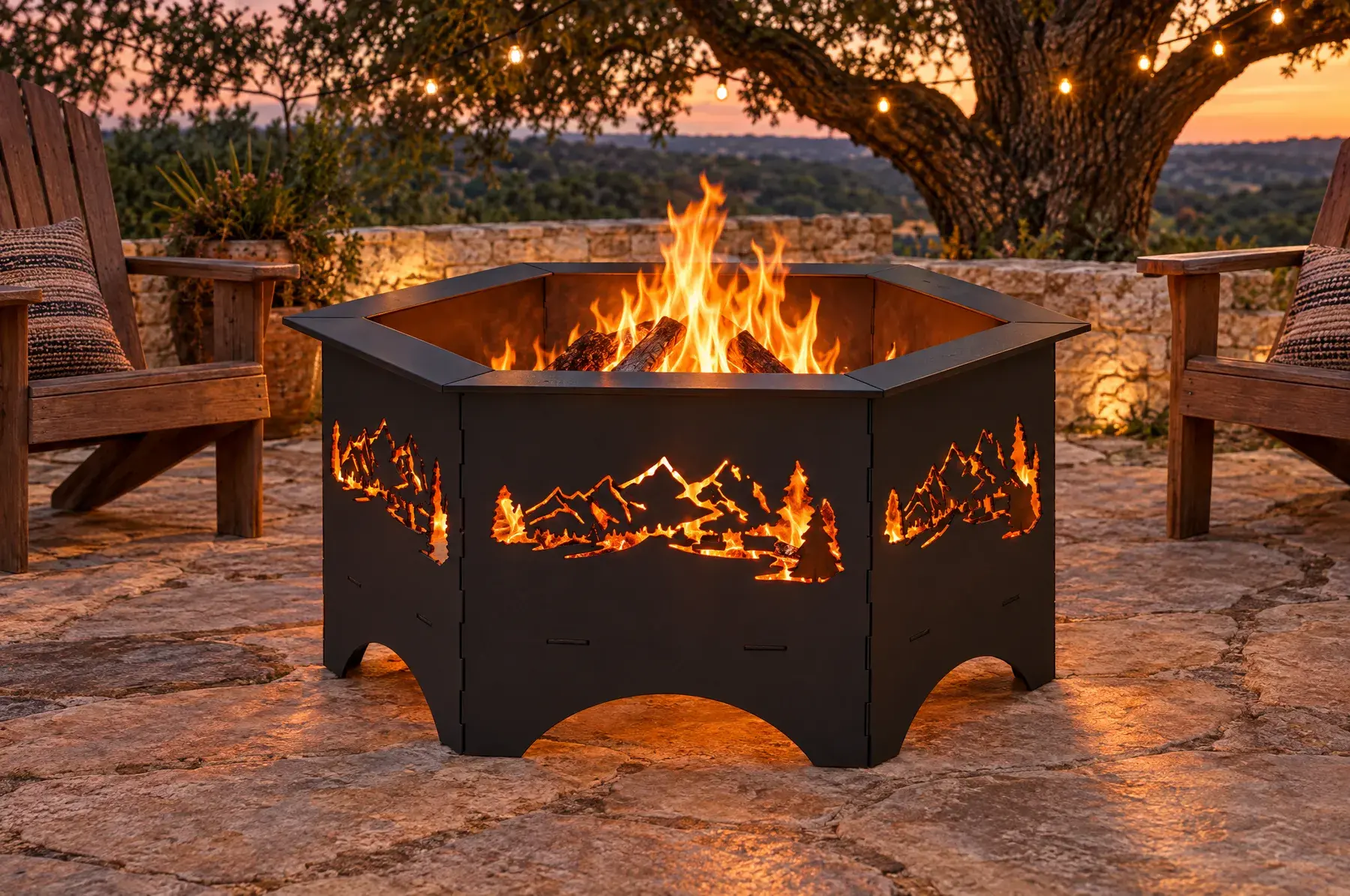 Concept image of the Mountain Hex Fire Pit, 36 in welded and finished, generated from the CAD design