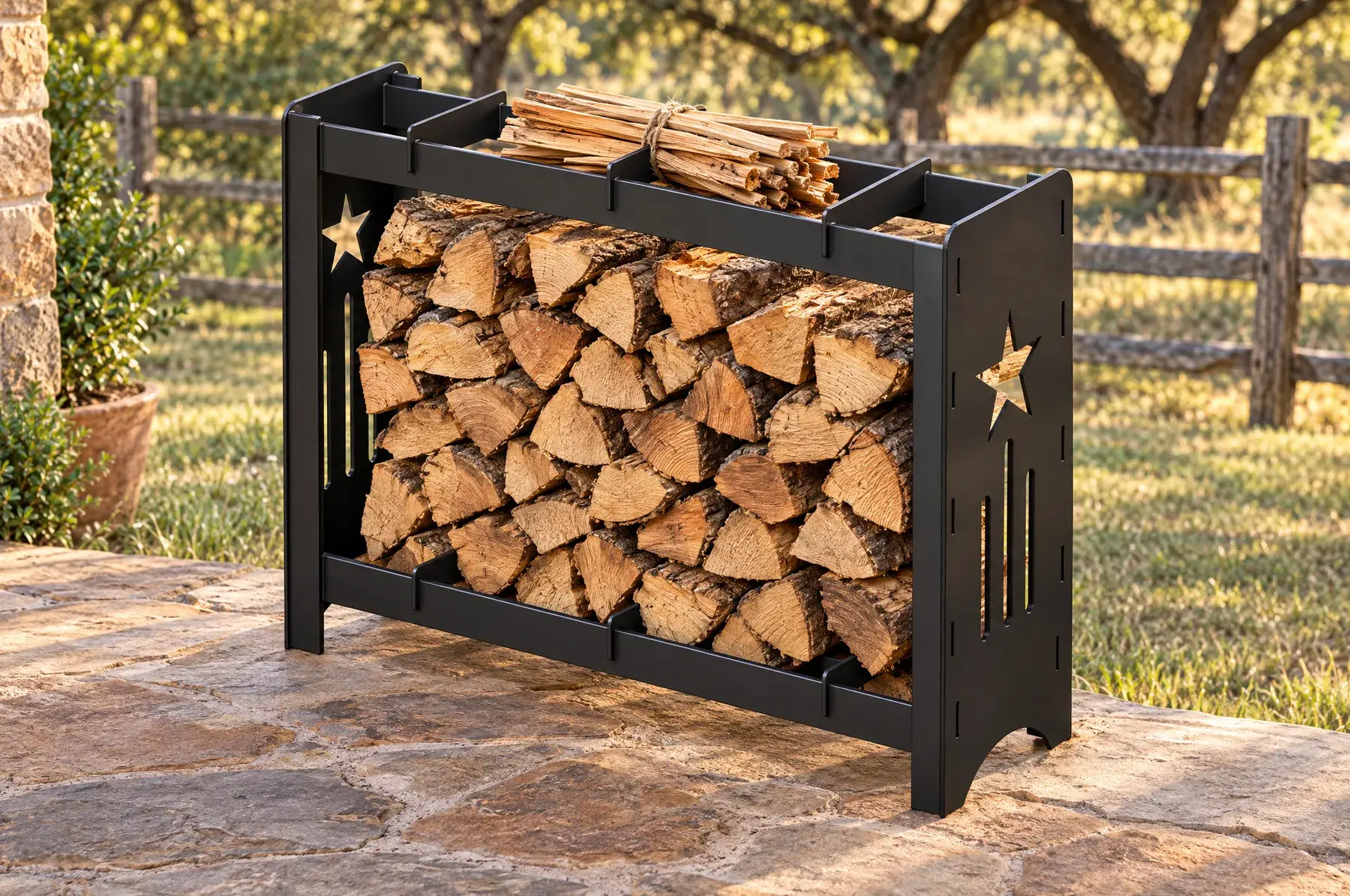 Concept image of the Lone Star Log Rack, 44 in welded and finished, generated from the CAD design