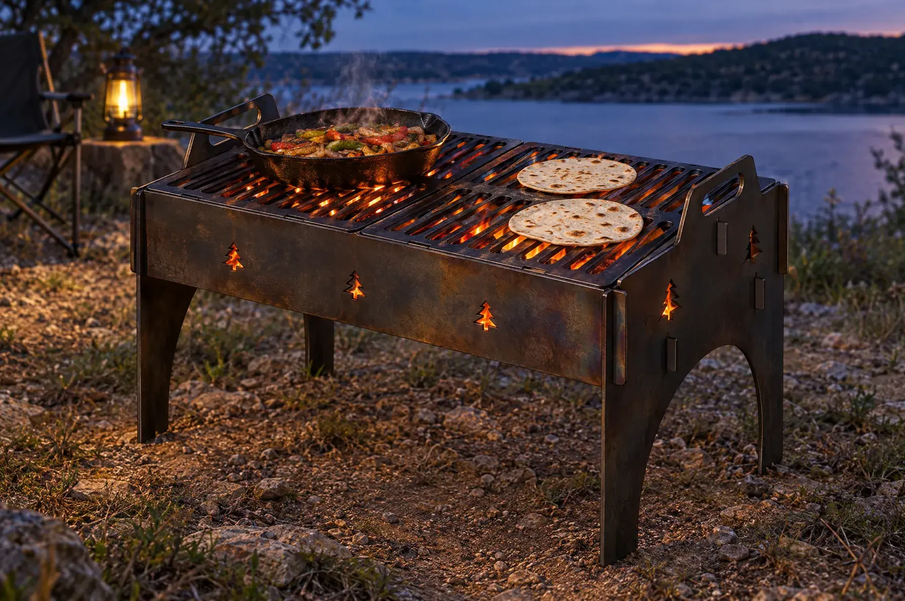 Concept image of the Mountain Overland Fire Pan, 20 in assembled and finished, generated from the CAD design