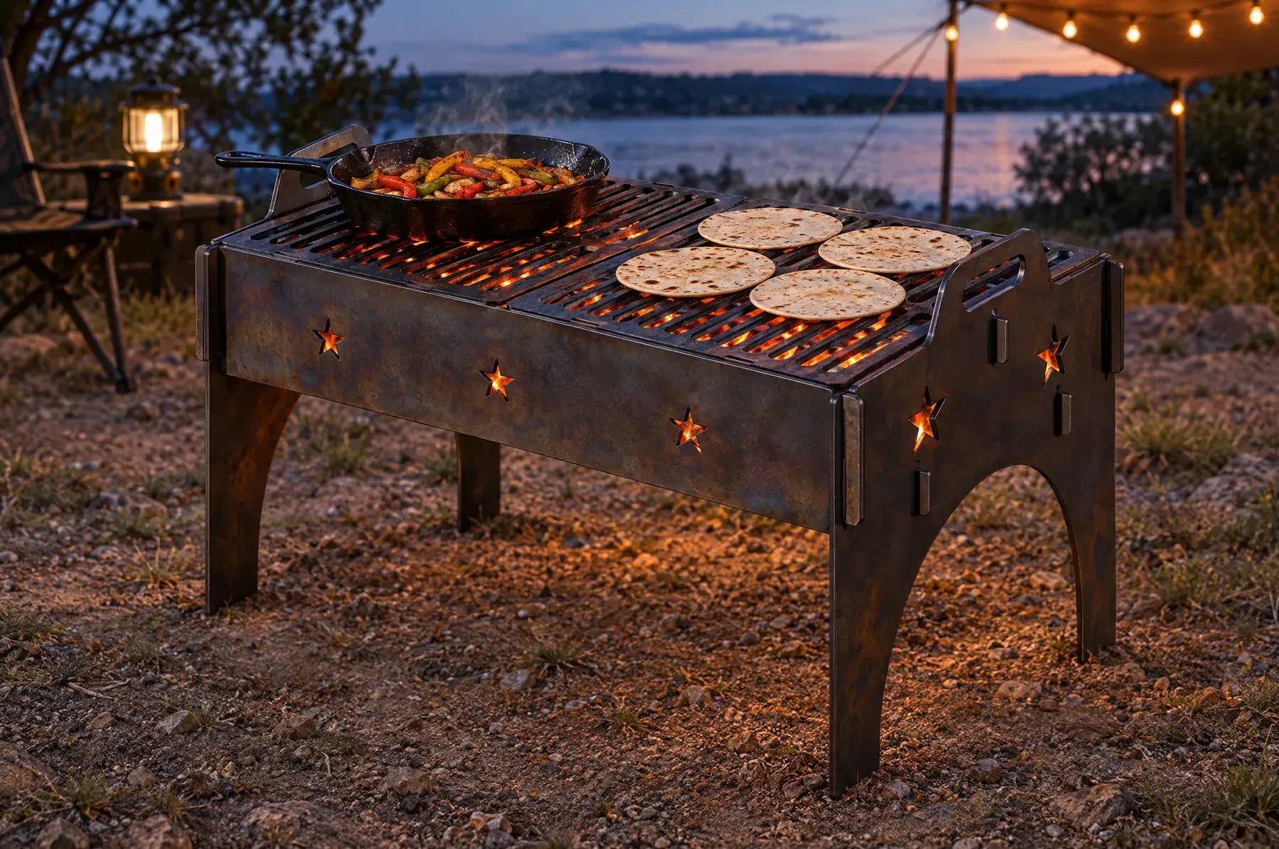 Concept image of the Lone Star Overland Fire Pan, 20 in assembled and finished, generated from the CAD design