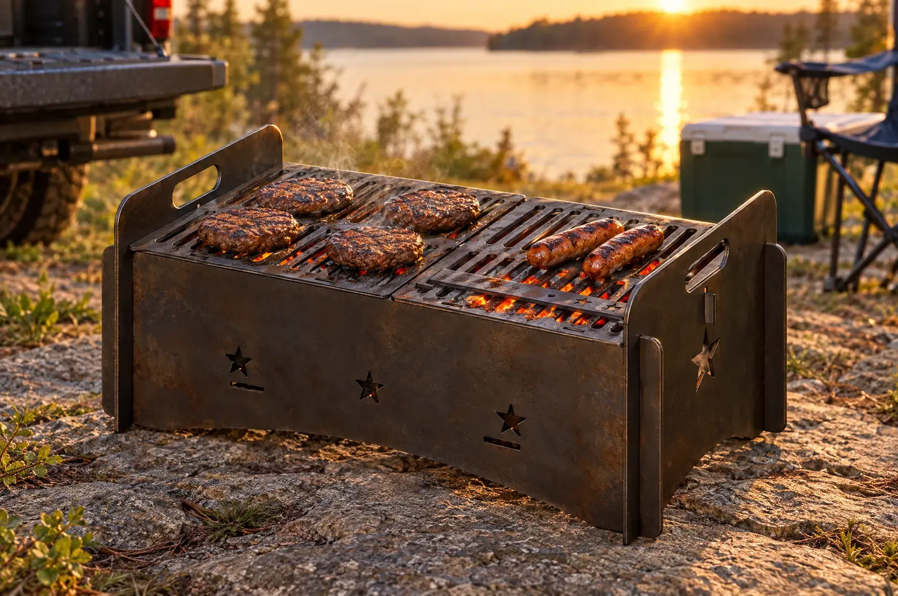 Concept image of the Lone Star Pack Grill, 20 in welded and finished, generated from the CAD design