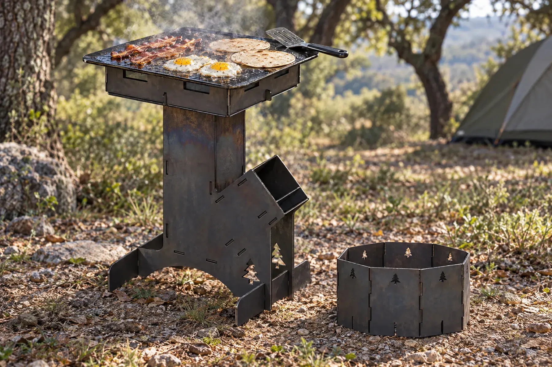Concept image of the Mountain Rocket Griddle and Pot Skirt, 12 in welded and finished, generated from the CAD design