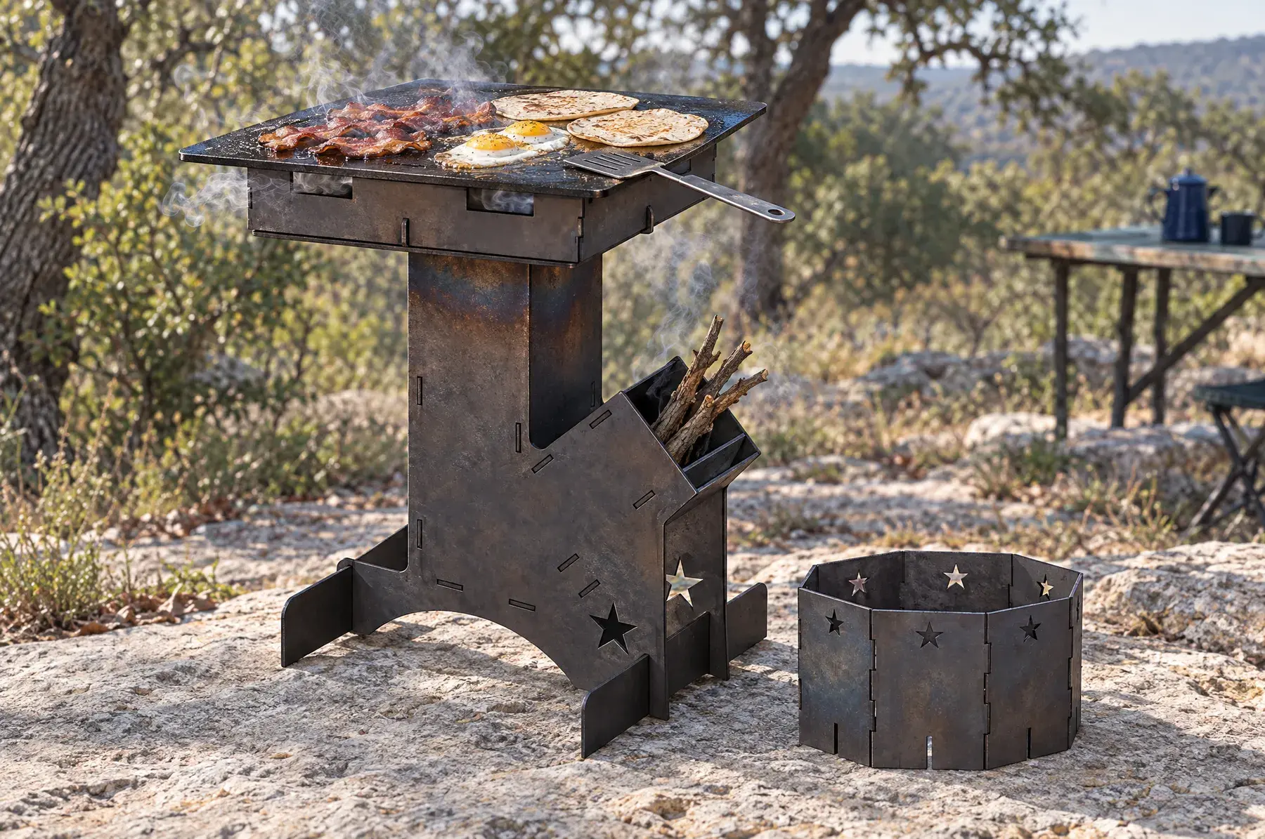 Concept image of the Lone Star Rocket Griddle and Pot Skirt, 12 in welded and finished, generated from the CAD design