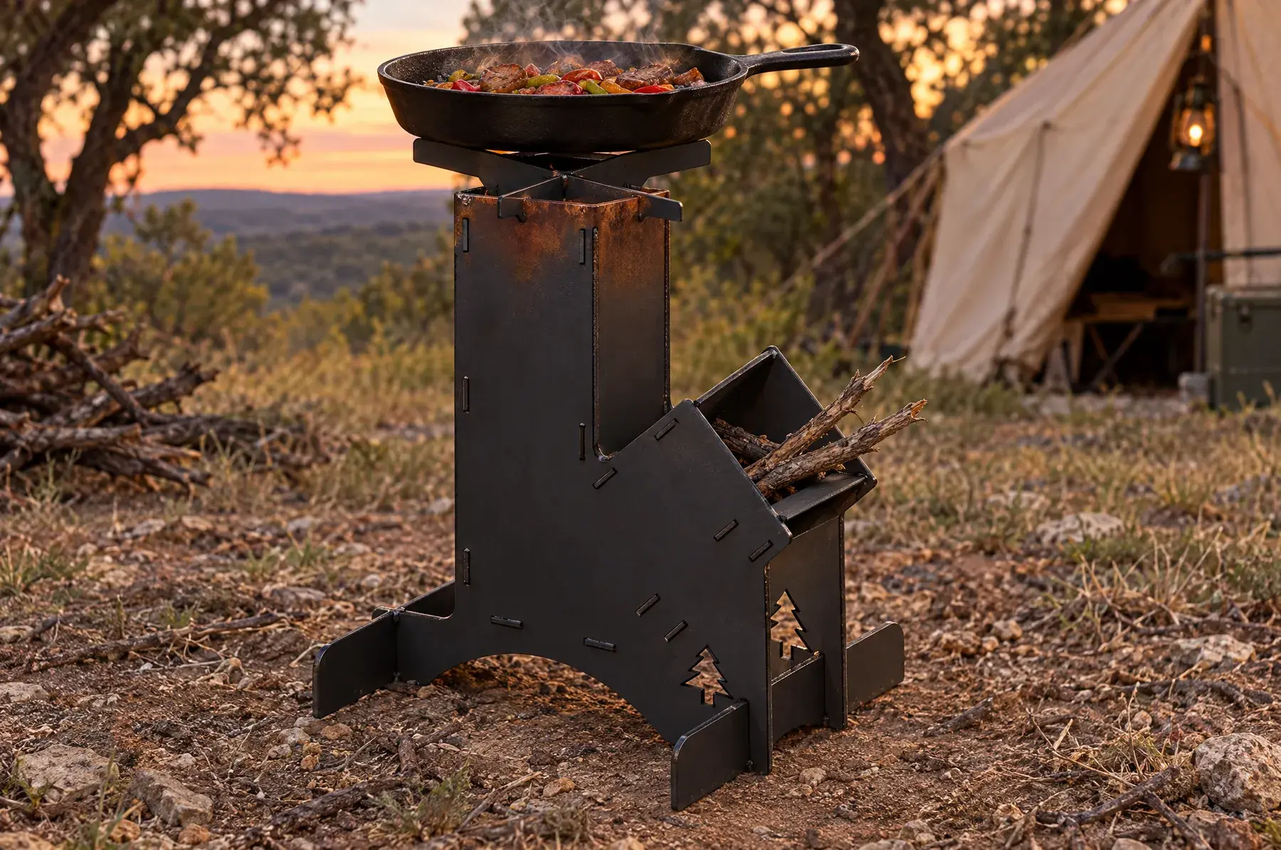Concept image of the Mountain Rocket Stove, 4 in welded and finished, generated from the CAD design