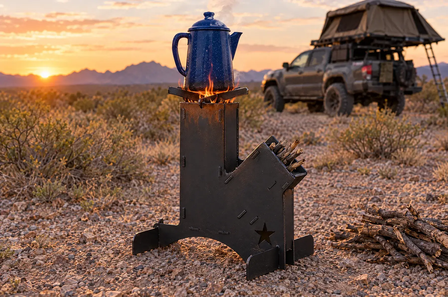 Concept image of the Lone Star Rocket Stove, 4 in welded and finished, generated from the CAD design