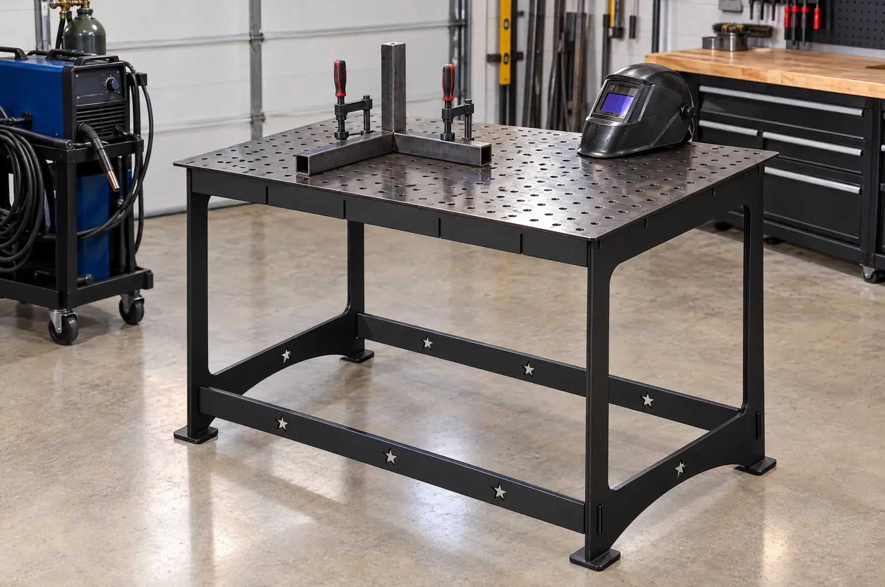 Concept image of the Lone Star Weld Table, 30 x 44 in welded and finished, generated from the CAD design